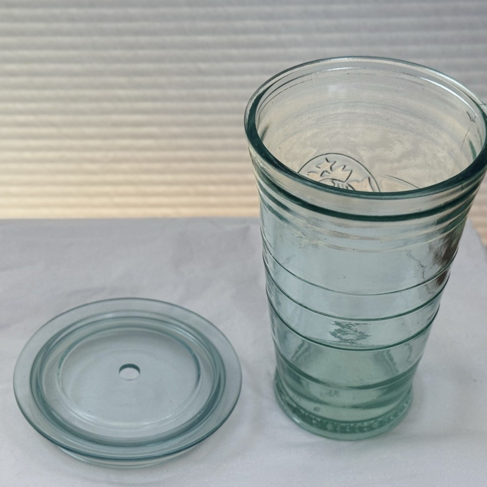 Starbucks Embossed Recycled Glass Cold Cup Tumbler Glass Lid Green Siren Logo - Picture 8 of 12